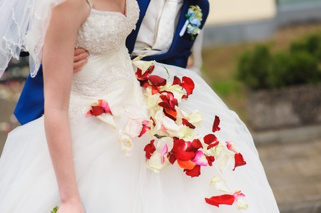 Rose petals on a wedding dress after wedding ceremonyの写真素材