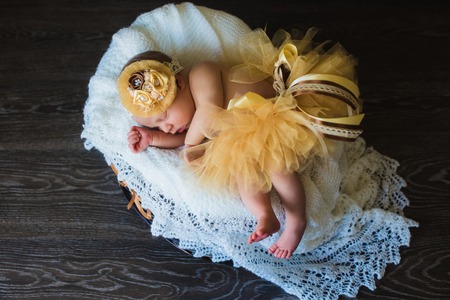 Adorable beautiful newborn baby girl. One week old newborn baby sleeping in basket. Child in a yellow skirtの写真素材