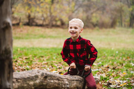 Preteen boy play with swing from wood and ropes during family weekend in autumn forest, childhood adventures.の写真素材