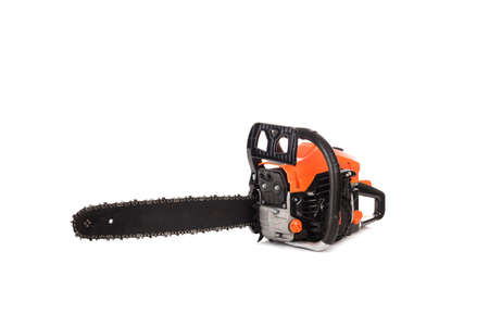 Sawyer instrument, gas petrol clean modern chainsaw close up, side view, for cut out, catalog, advertisementの写真素材