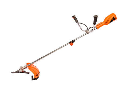 New electro mower machine full length at isolated background for cut out, grass cutter instrument, gardening toolの写真素材