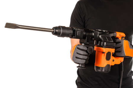 Man holds a jackhammer on a white backgroundの写真素材