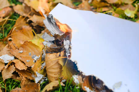 Close up set on fire burning white paper sheet and fall dry yellow foliage with flame, smolder and ashの写真素材