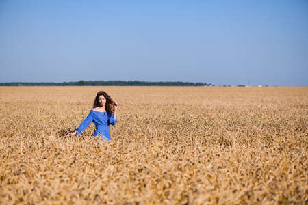 Wide golden wheat field with brunette coutryside lady walking in blue vintage dress, nature ladscape with cereal harvest and blue skyの写真素材