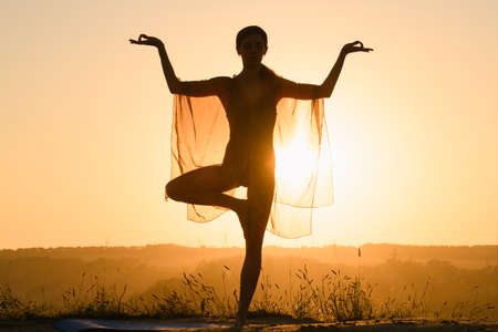 Silhouette of woman in tree yoga poseの写真素材