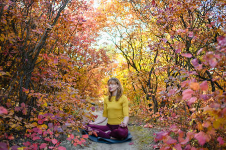 Woman middle age sit on sport mat in lotus yoga pose at autumn fall colorful forest, enjoy outdoor activityの写真素材