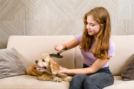 Combing the long ears of the American Cocker Spaniel in home. Teenage girl sitting on sofa in living room combing the ears of spanielの写真素材