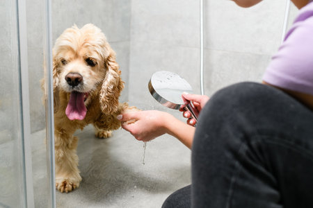 Teenager girl washes paws of american spaniel in shower cabin. Close-up.の写真素材