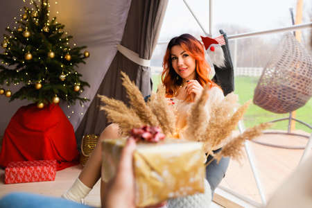 Cozy ambience in a house with New Year's decor. Christmas mood. Cute girl with fiery hair.の写真素材