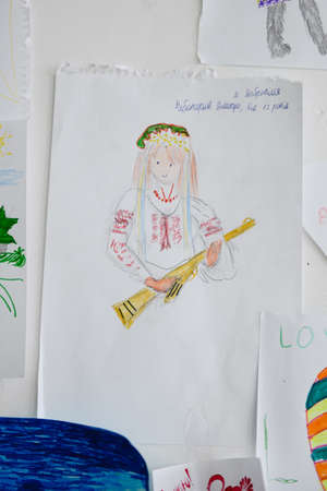 Dnipro, Ukraine - April 04, 2022: Children's drawing about the war in Ukraine. Refugee Assistance Center in Dnipro.のeditorial素材
