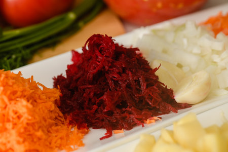 Close-up of chopped beets for making traditional Ukrainian borscht. View from above.の写真素材
