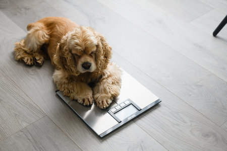Dog sitting on weight scales at home. Concept of pet health care, animal obesity problem and diet control.の写真素材