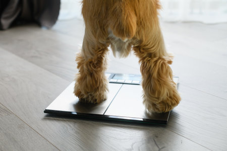 The dog stands with its hind legs on the floor scales. Concept of pet health care, animal obesity problem and diet control.の写真素材