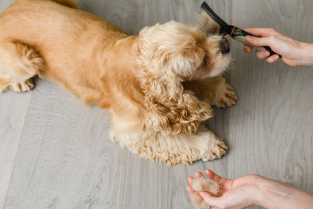 Woman brushing her dog. pet care concept. Adorable American Cocker Spaniel lying on the floor at home.の写真素材