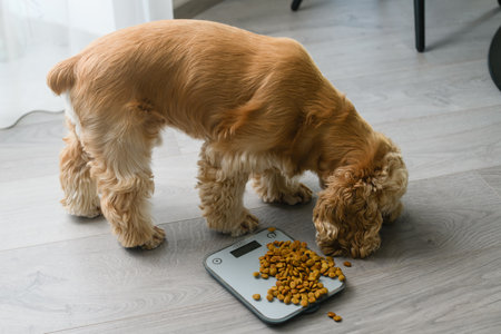 American Cocker Spaniel eats dry food scattered on a kitchen scale.の写真素材