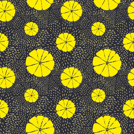 Simple citrus pattern . Ripe lemons Dark blue background. Fashionable print for wallpaper and textiles.のイラスト素材