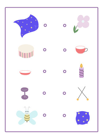Educational game for children. Find a couple of objects and connect them with lines. Vector illustration.のイラスト素材