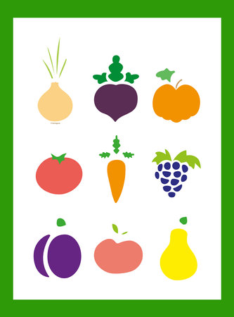 Set of flat fruits and vegetables icons drawing with black lines on white backgroundのイラスト素材