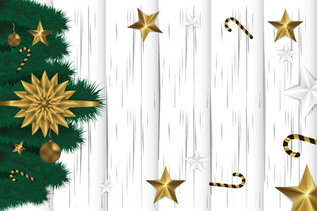 Christmas white wooden background. with fir branch, golden toys, stars and candy. Copy space . Happy new year.のイラスト素材