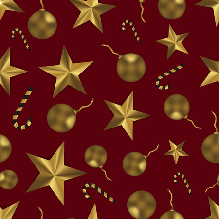 Christmas seamless pattern with golden toys, stars and candy. Festive burgundy and gold background.のイラスト素材