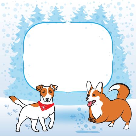 Jack Russel and Corgi dogs on winter New Year's forest background. Christmas card with text frame for your text. Vector illustration.のイラスト素材