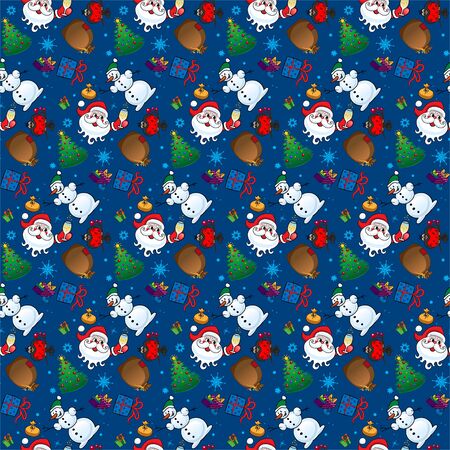 Seamless New Year's pattern with Santa Claus, Snowman, gift, snowflake, Christmas tree, bullfinch bird. Perfect for wallpaper, gift paper, pattern fills, web page background, cards.のイラスト素材