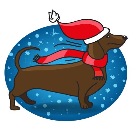 Dachshund dog in a red hat and scarf on a winter sky background. Suitable for Christmas and New Year card. Vector illustration.のイラスト素材