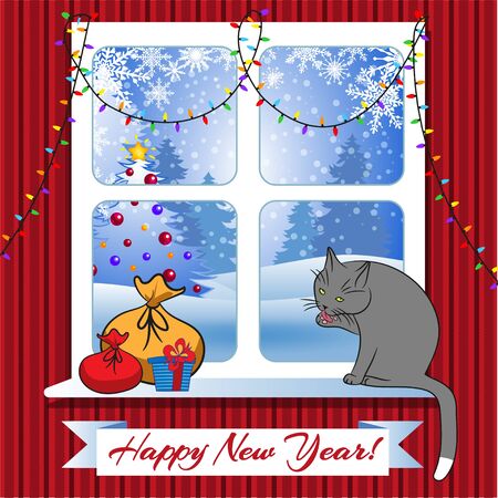 Window with christmas gifts and cozy cat, winter forestand christmas tree outside view. Suitable for Christmas and New Year card. Vector illustration.のイラスト素材