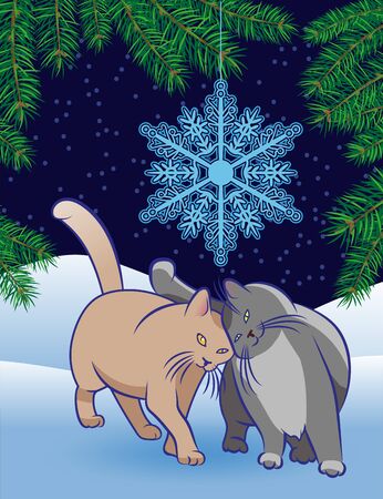 Cats in love and a snowflake. Suitable for Christmas and New Year card. Vector illustration.のイラスト素材