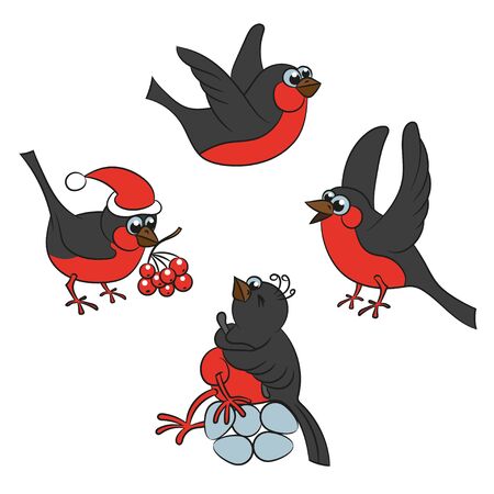Red birds set, four different ones. Suitable for Christmas and New Year card. Vector illustration.のイラスト素材