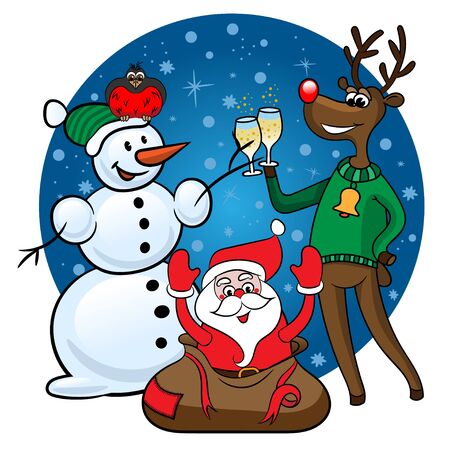 Snowman, Santa and deer. Suitable for Christmas and New Year card. Vector illustration.のイラスト素材