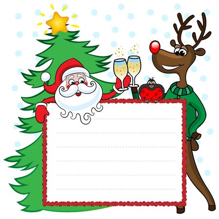 Card with Santa and deer drinking champagne. Frame for felicitation.Suitable for Christmas and New Year card. Vector illustration.のイラスト素材