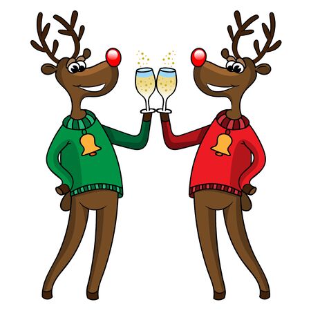 Happy deers in different color jersey with champagne glasses, christmas clothes and bells. Suitable for Christmas and New Year card. Vector illustration.のイラスト素材