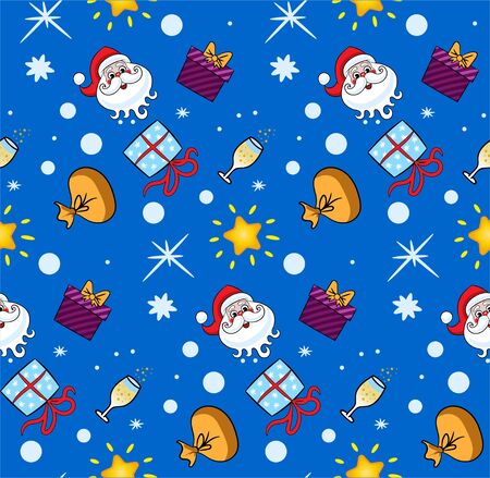Seamless New Year's pattern with Santa Claus, gift, snowflake, star, champagne. Perfect for wallpaper, gift paper, pattern fills, web page background, cards. Vector illustration.のイラスト素材