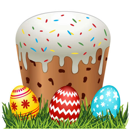 Decorative Easter eggs on green grass and cake. Spring holiday. Vector illustration isolated on white background.のイラスト素材