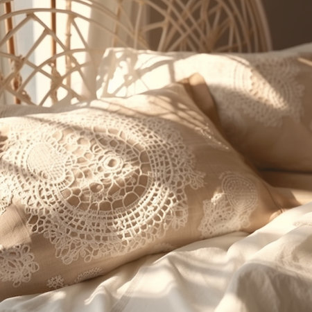 Wicker chair with white lace on the bed in the morning.の素材