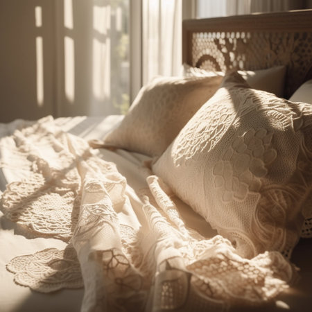 Lace pillow on bed in the morning sunlight. Vintage tone.の素材