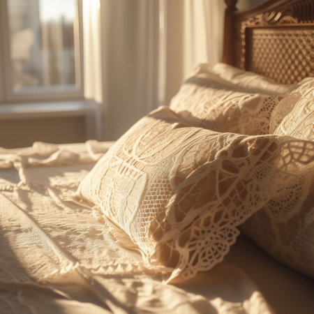 Warm beige pillows on the bed in the sunlight.の素材