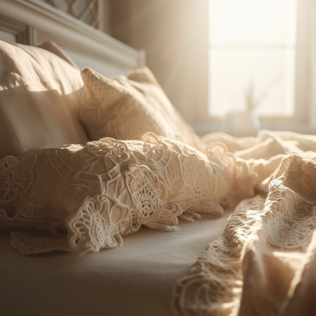 Lilac lace on a bed in the morning sunlight. Lifestyle conceptの素材
