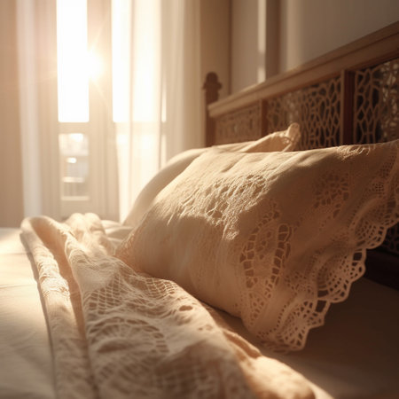 Luxury bed with beige pillows in sunlight, closeupの素材