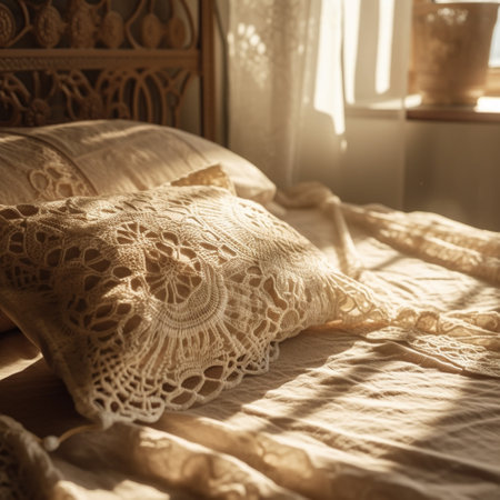 Lace pillow on the bed in the morning light. Selective focus.の素材