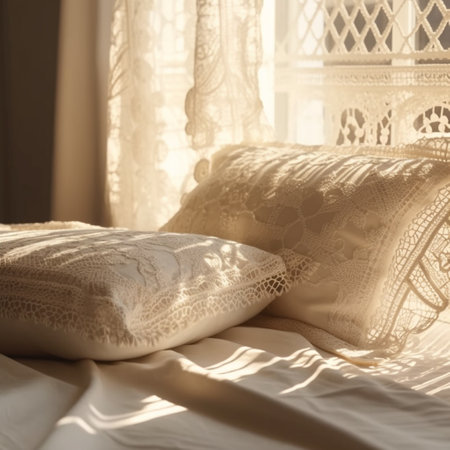 Bedroom interior with soft bedding, pillows and lace.の素材