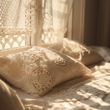 White pillows on the windowsill in the rays of the sunの素材