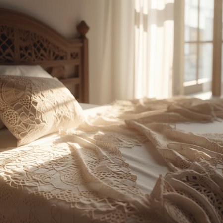 Bedroom interior with white bedclothes and sunlight. Selective focus.の素材