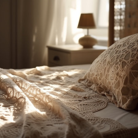 Lilac lace on the bed in the morning light. Selective focus.の素材