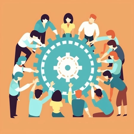 Teamwork and cooperation concept vector illustration. Group of business people working together in gear wheel.の素材