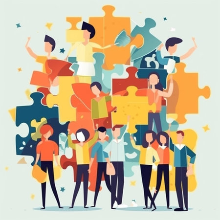 Teamwork, partnership and cooperation concept. Group of business people assembling jigsaw puzzle. Teamwork, partnership, teamwork, cooperation, partnership. Flat vector illustrationの素材