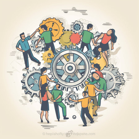 Teamwork concept. Vector illustration of people working together in gear wheel.の素材