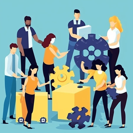 Teamwork and cooperation concept. Business people working with puzzle pieces. Vector illustrationの素材