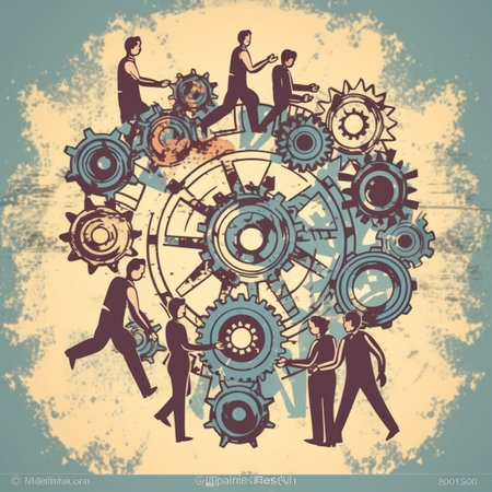 Teamwork concept. Business people working together on gear wheel. Vector illustration.の素材